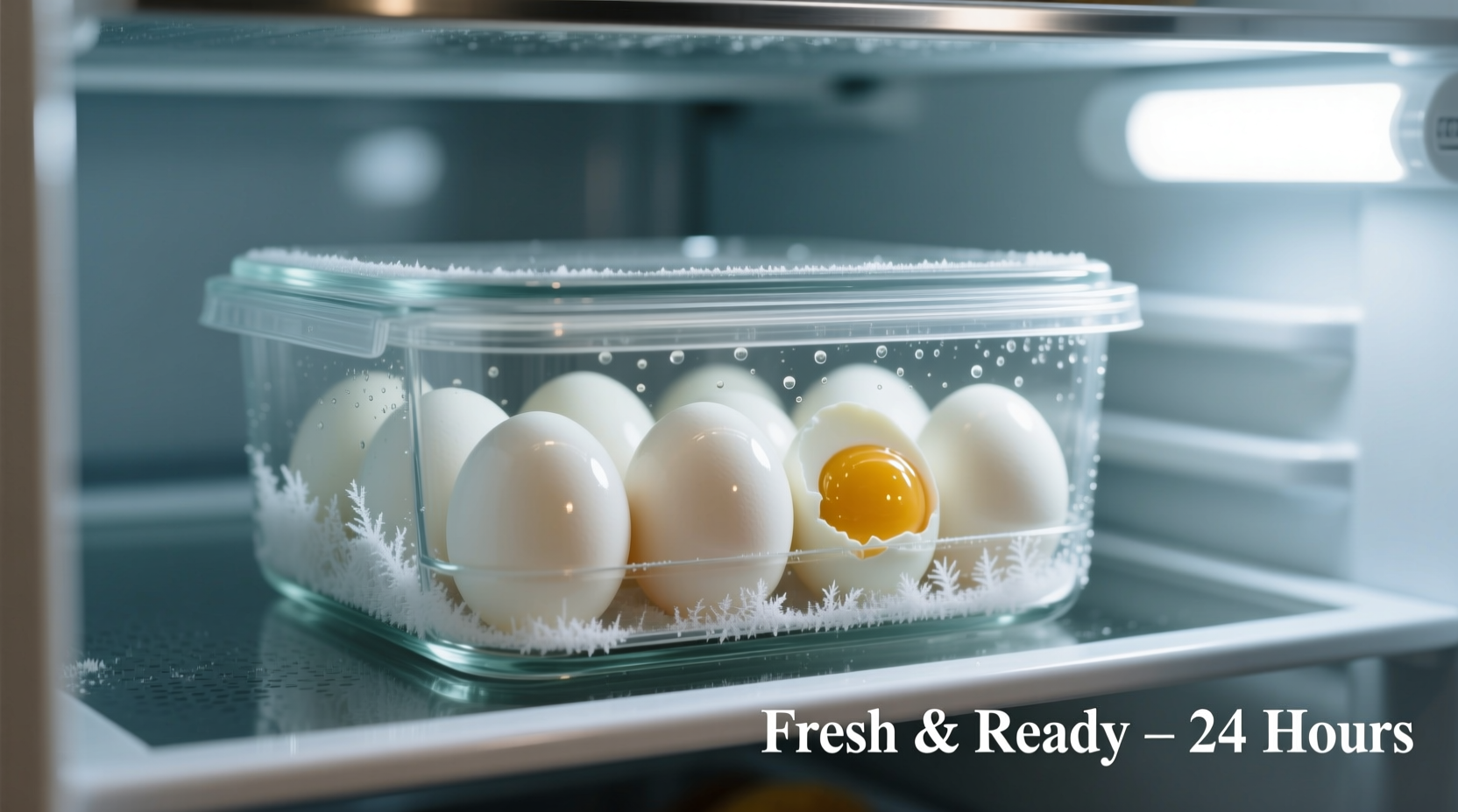 Hard boiled eggs in glass container with lid in refrigerator