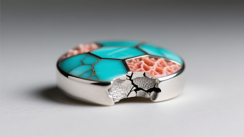 Macro photography of turquoise and coral chip inlay in sterling silver, showing a small missing section needing epoxy repair