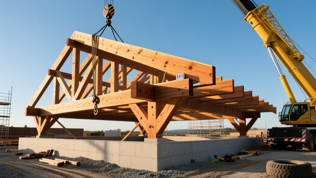 Massive Douglas Fir timber frame trusses being lifted by a crane into place on a concrete foundation for a custom residential build