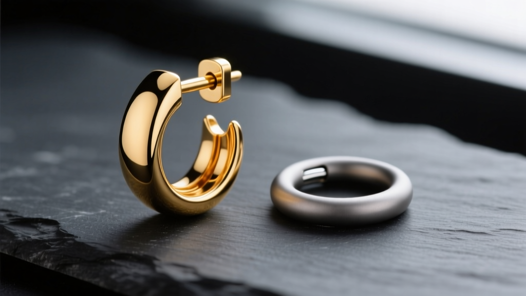 Macro shot of a polished 14k solid gold auricle cuff earring beside a matte niobium cartilage hoop on a dark slate surface