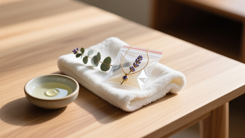 Cleaning setup with microfiber cloth, mild soap, and a botanical necklace resting inside an anti-tarnish bag on a wooden desk.
