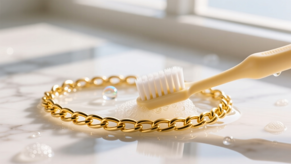Soft baby toothbrush scrubbing a 14k yellow gold herringbone chain in warm soapy water under bright natural window light.