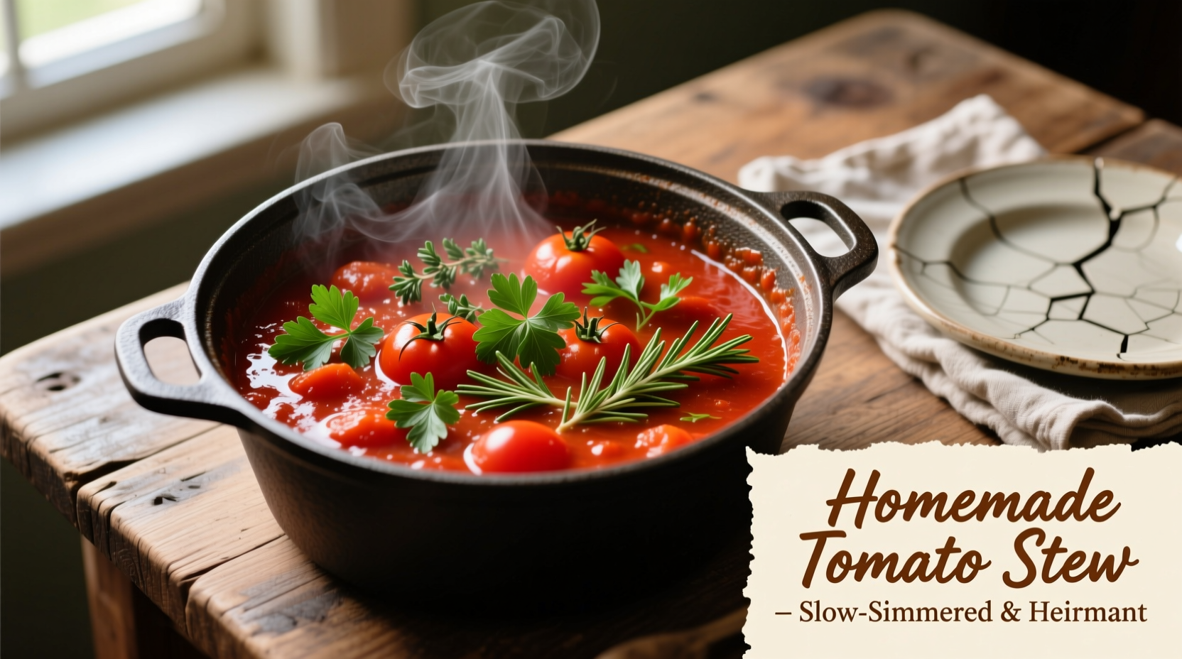 Fresh stewed tomatoes in cast iron pot with herbs