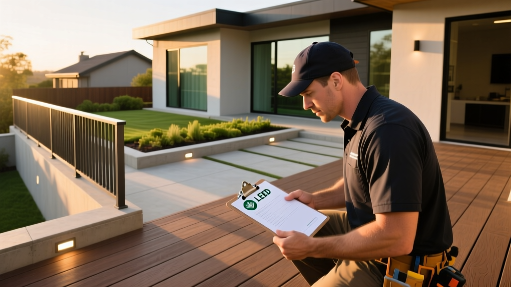 Contractor inspecting dark-capped composite deck boards with a LEED certification checklist clipboard on a modern residential patio