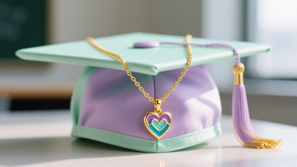 Close-up of a 14k gold vermeil graduation necklace with a candy heart charm and cold enamel, resting on a pastel graduation cap.
