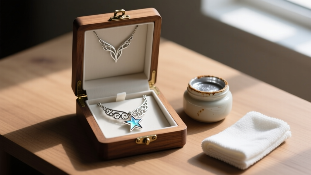 Open wooden box holding an Arwen Evenstar necklace, beside a small jar of silver polish and a soft microfiber polishing cloth.