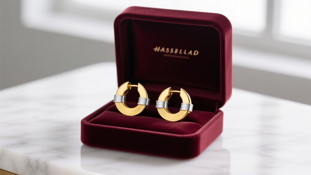 Open velvet gift box revealing 14k yellow gold and sterling silver two tone hoop earrings, soft studio lighting