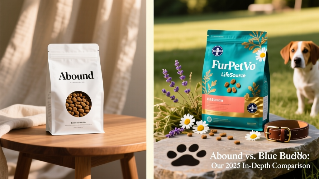 Split image: left side shows Abound kibble in simple packaging; right side shows FurPetVo kibble with vibrant LifeSource Bits and botanical accents in premium packaging