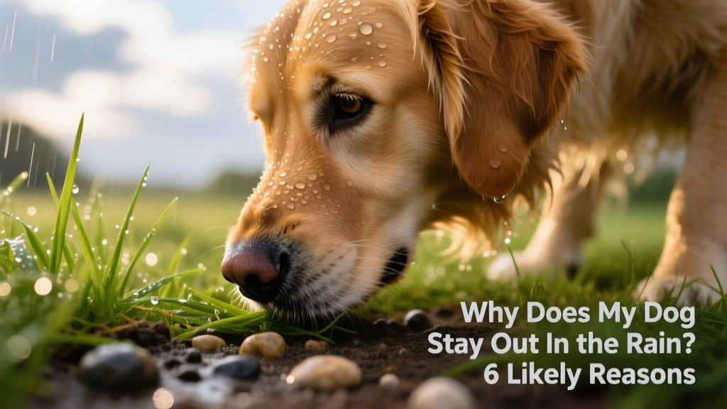 Close-up of a dog’s nose sniffing a rain-dampened patch of grass, water droplets visible on fur