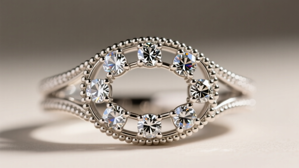 Macro shot of a rhodium-plated silver jewelry clasp with milgrain detailing and securely prong-set round cubic zirconia stones.