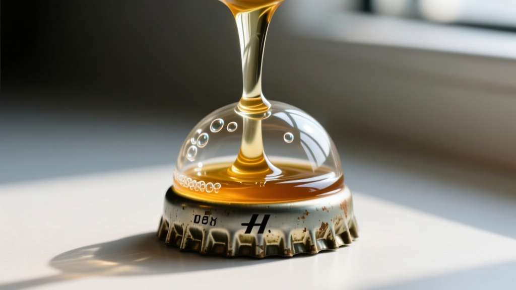 Macro close-up of pouring thick two-part epoxy resin into a vintage beer cap, showing a bubble-free glass-like dome finish