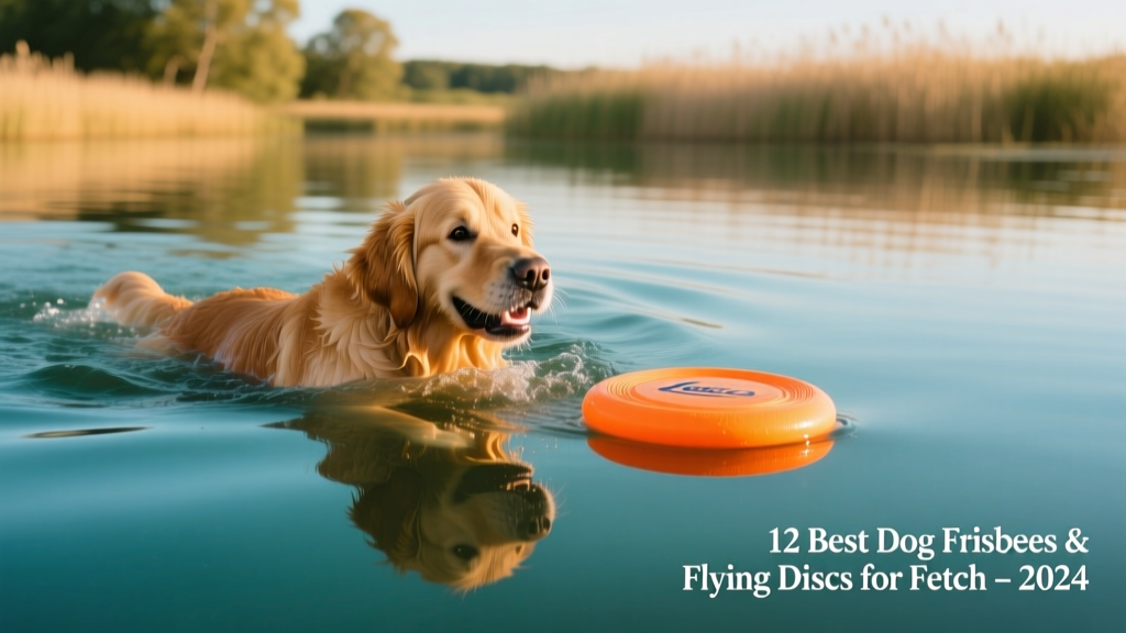 Golden retriever swimming toward a bright orange floating disc in calm lake water