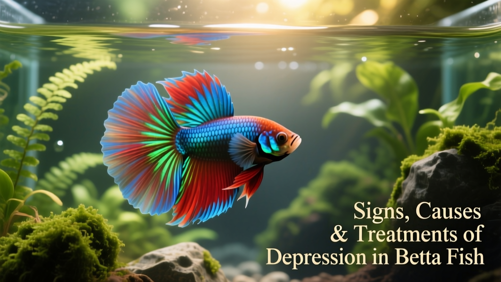 A healthy, brightly colored betta fish flaring near the surface of a well-planted, clean aquarium