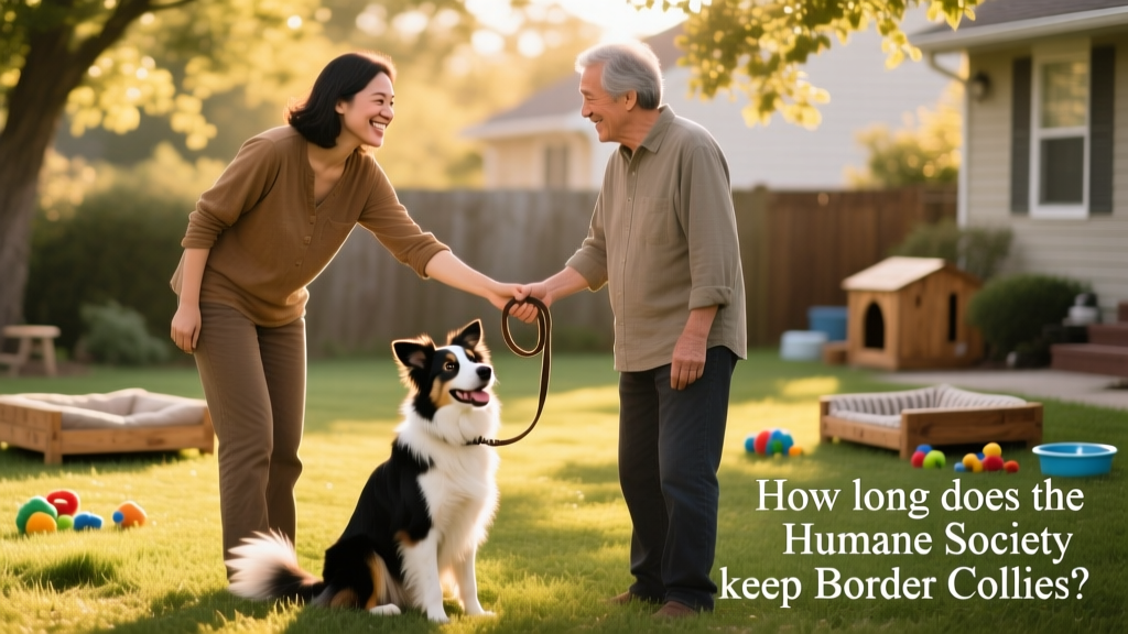 A smiling person handing a leash to another adult while a happy Border Collie sits between them, symbolizing a thoughtful, direct rehoming transition