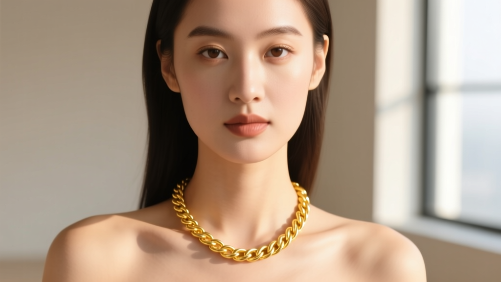 Close-up portrait of a woman wearing a delicate 41cm 18k yellow gold rope chain resting perfectly on her collarbone in sunlight