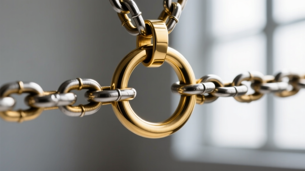 Macro shot of a 14-gauge steel rolo chain threading through the bail of a heavy brass void key pendant, highlighting thick links.