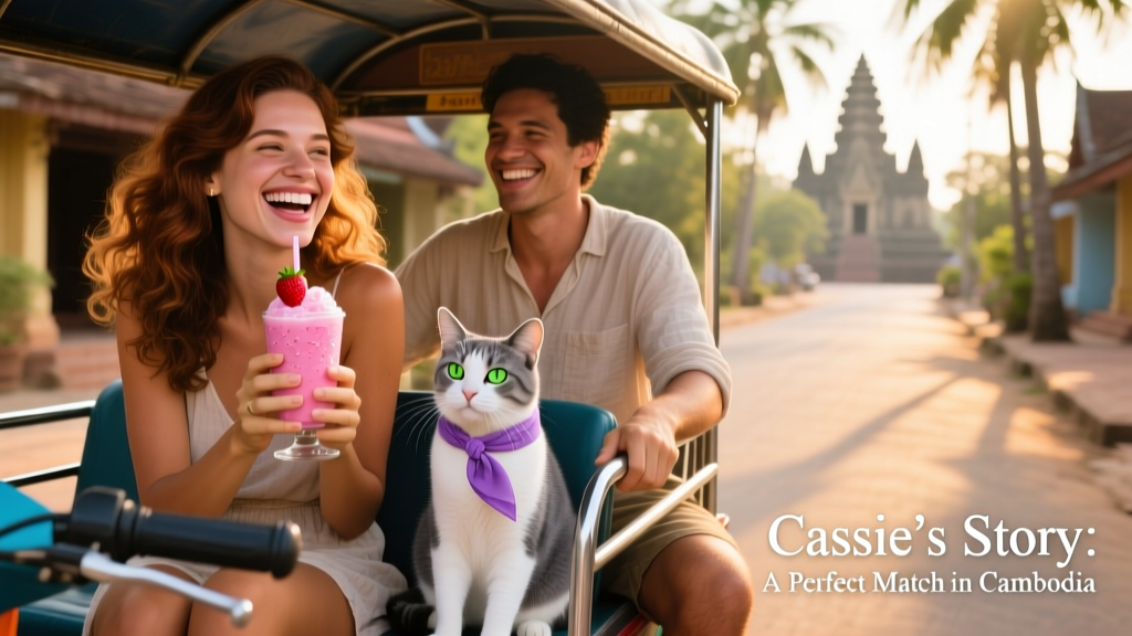 Cassie, her partner, and Mavis enjoying a relaxed tuk-tuk ride, with Cassie holding a strawberry milkshake and Mavis wearing a lightweight bandana