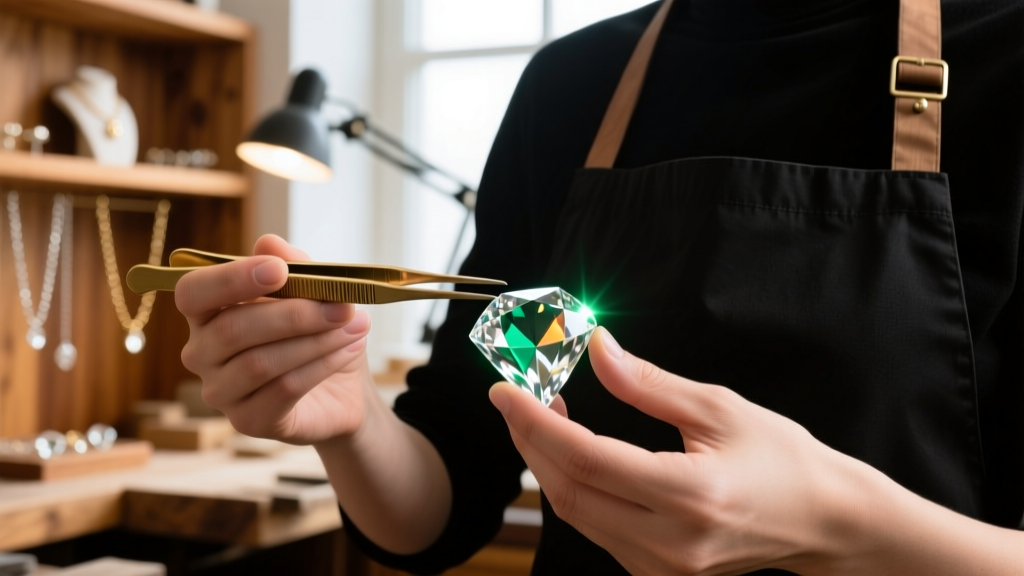 Jeweler using a thermal tester on a rough uncut diamond held in brass tweezers against a blurred jewelry workshop background.