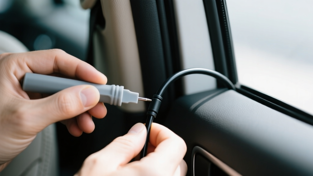 Hands using a plastic trim removal tool to carefully tuck a dash cam power cable into the black weatherstripping of a car A-pillar.