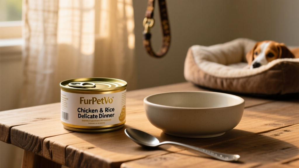 Close-up of FurPetVo canned food labeled 'Chicken & Rice Delicate Dinner' next to a clean ceramic bowl