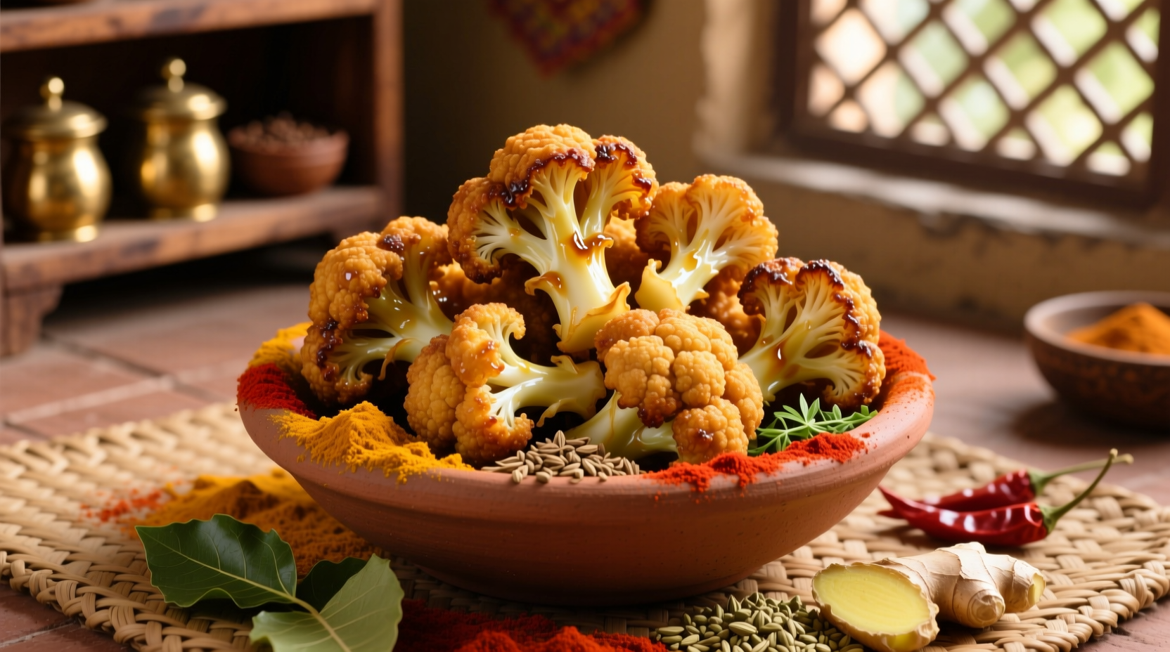 Golden brown cauliflower florets in traditional Indian spices