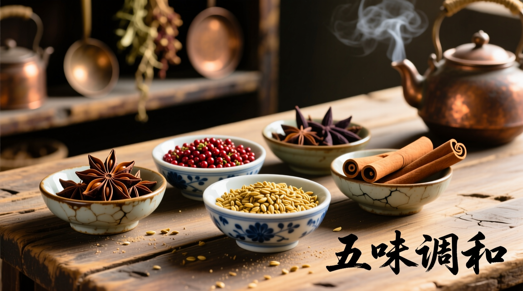 Chinese 5 spice ingredients in small bowls