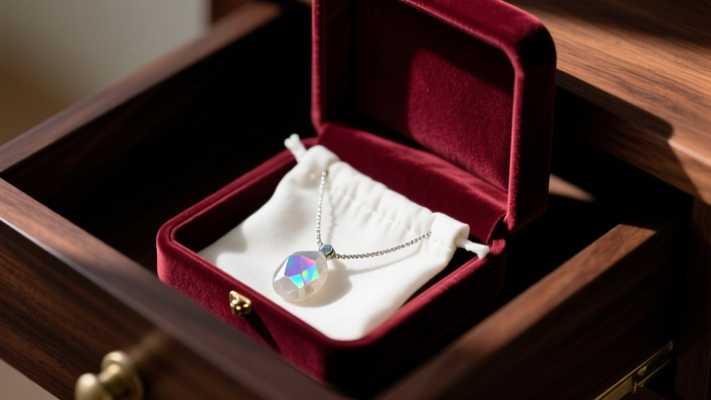 Open velvet box showing a white rock necklace stored separately in a soft anti-tarnish pouch inside a dark wooden drawer.