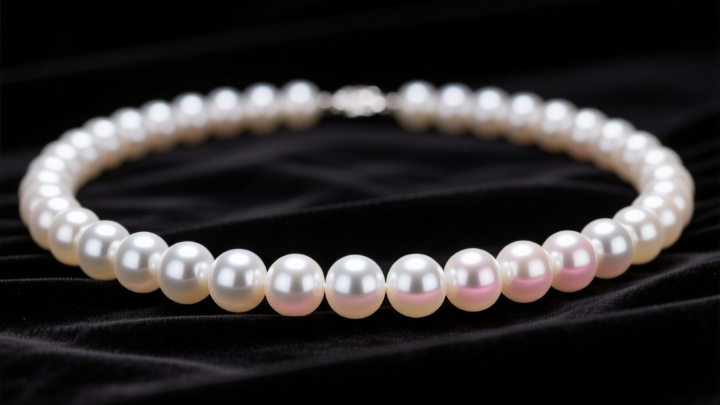 Close-up of an 18-inch white Akoya pearl necklace on dark velvet, highlighting mirror-like luster and soft, warm studio lighting.