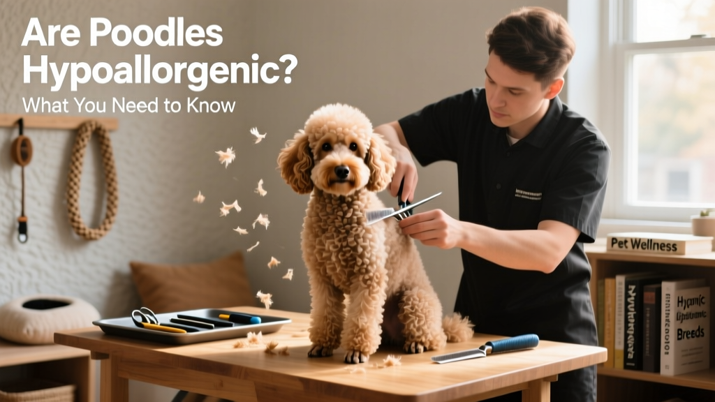 A groomer carefully trimming a curly-coated miniature poodle while the dog sits attentively on a grooming table