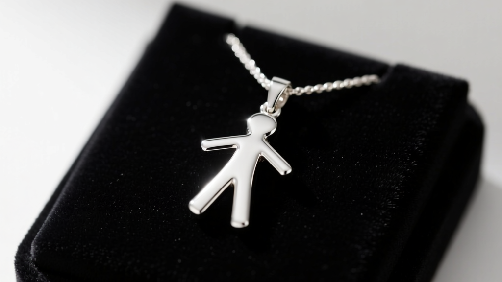 Macro shot of a polished sterling silver Billie Eilish Blohsh stick-figure pendant resting on a dark velvet jewelry display pad