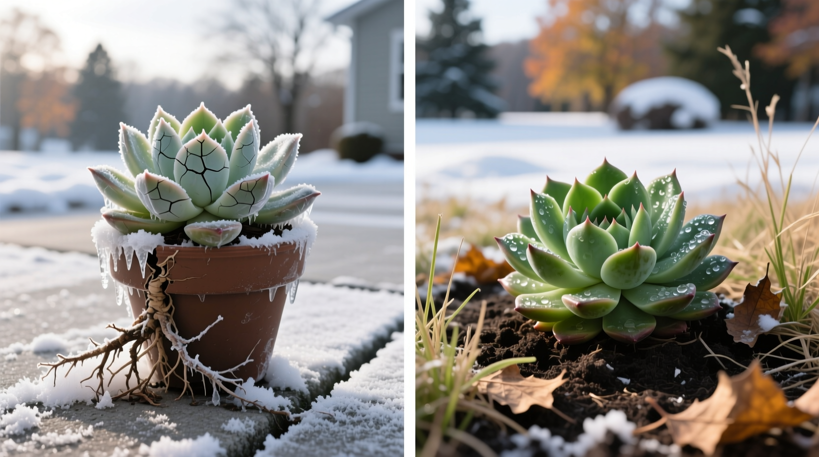 Early December potted succulent in zone 5 with exposed roots frozen solid versus ground-planted counterpart thriving - demonstrating container vulnerability even for hardy species