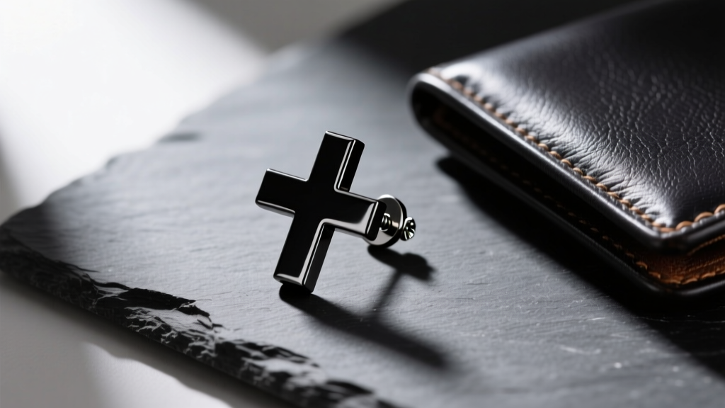 Flat lay gift box with a matte black titanium cross earring and screw-back post on dark slate next to a leather wallet