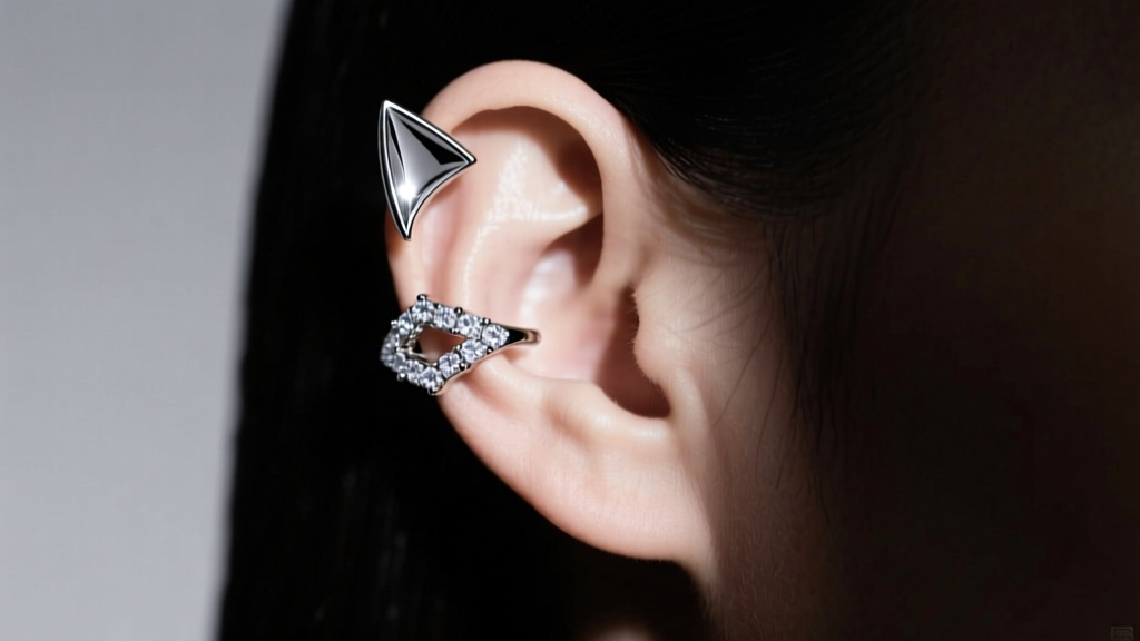 Side profile of a rhodium cat ear cuff on helix cartilage, featuring zirconia accents under moody, directional studio lighting.