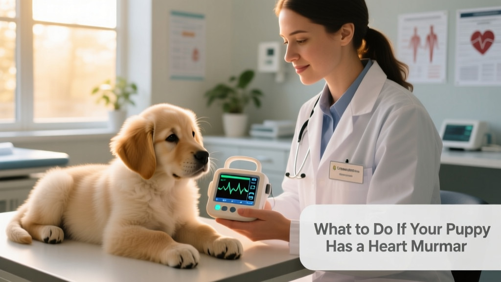 A calm puppy resting beside a vet tech holding a portable echocardiogram device