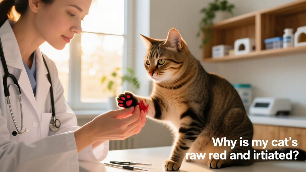 Veterinarian gently examining a cat's paw during a clinical exam