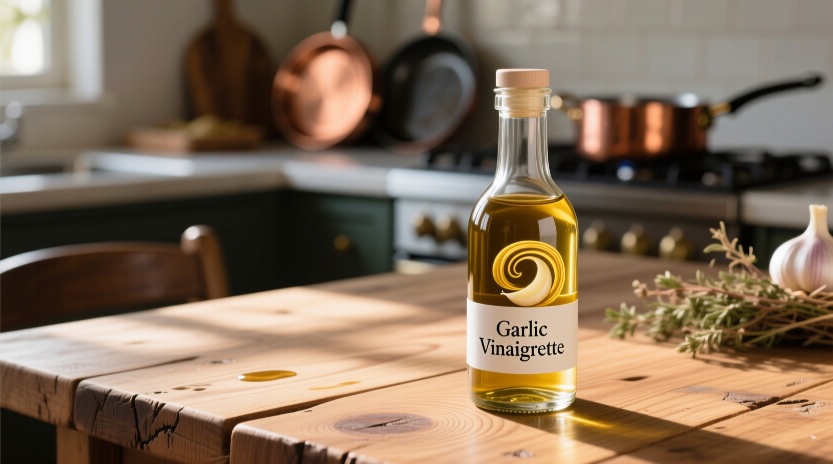 Glass bottle of garlic vinaigrette dressing on wooden table
