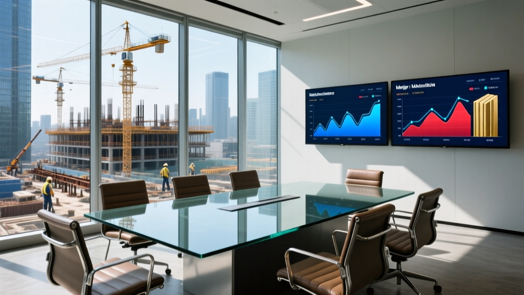 Boardroom overlooking a construction site with digital charts displaying merger and acquisition data for building materials