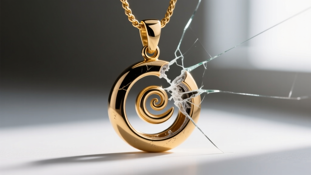 Macro photo of a broken bail on a Te Fiti spiral pendant, showing the exact fracture point where the metal jump ring detached.