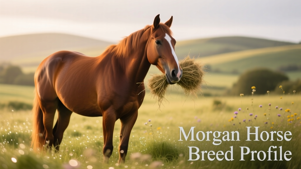 Chestnut Morgan mare standing on grass, holding hay in her mouth, looking alertly over her shoulder