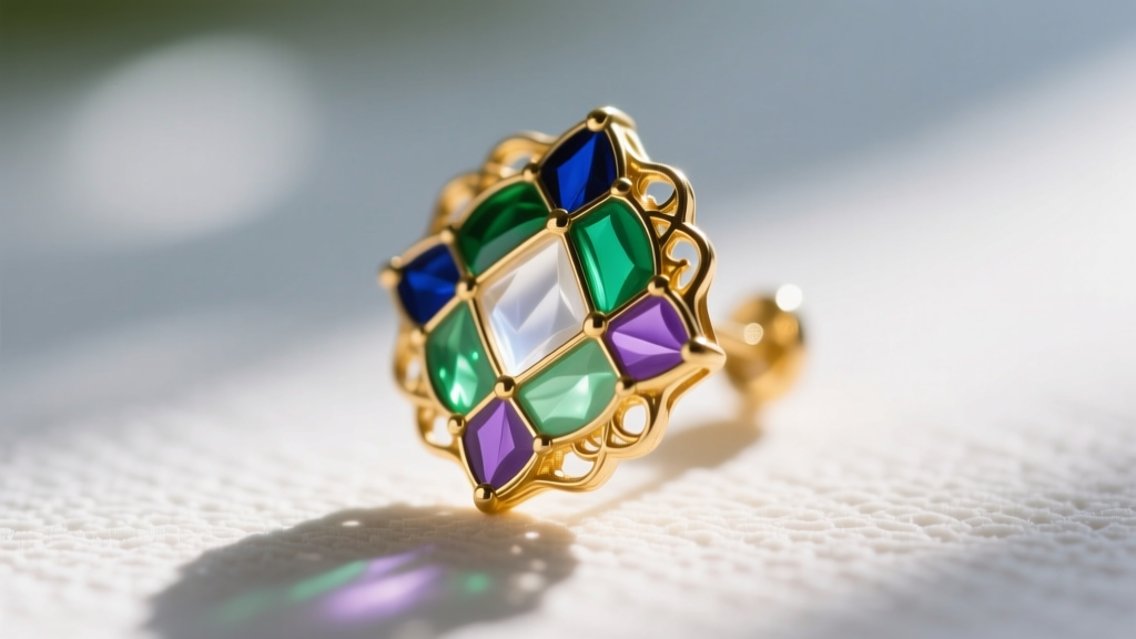 Macro shot of a plique-à-jour vintage enamel earring in sunlight, revealing a translucent stained-glass effect in gold cloisons