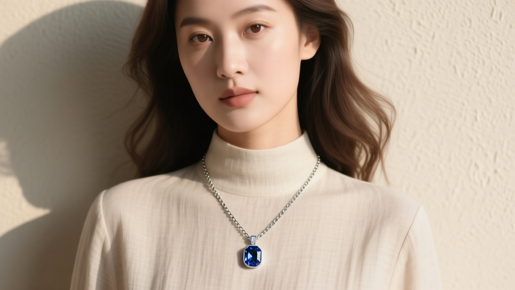 A young woman wearing a 1.2mm steel box chain necklace with a sapphire birthstone pendant, photographed in soft, natural daylight.
