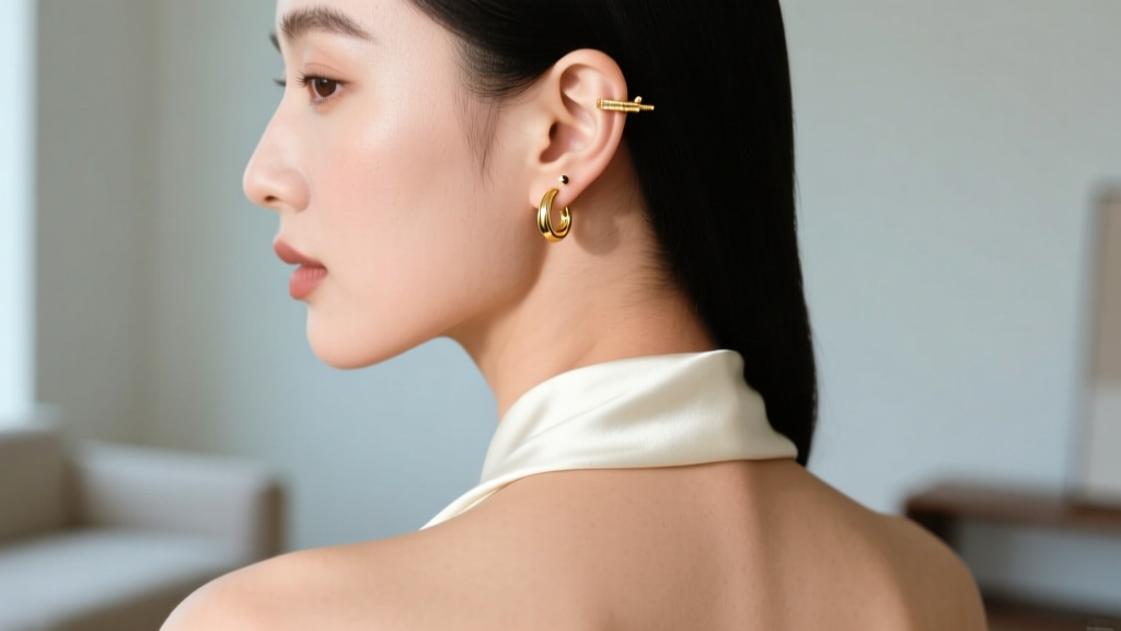 Close-up of an ear featuring a 14k gold ear cuff and climber, paired with an open-back halter dress, shot from a soft rear angle.