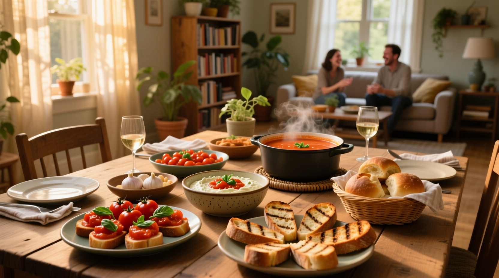 Tomato-based comfort food spread at casual gathering