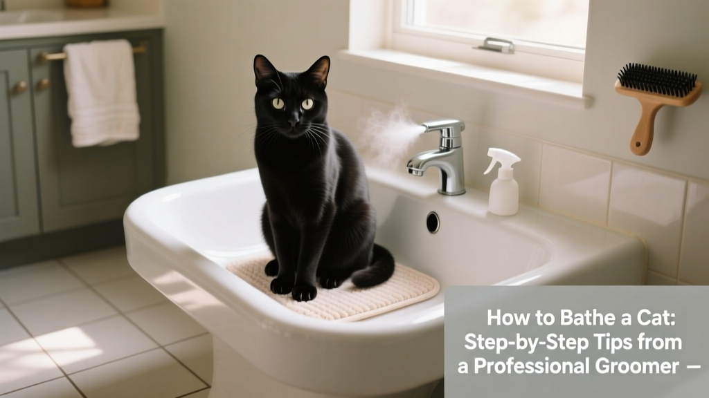 Cat sitting calmly in a bathroom sink with a non-slip mat and gentle spray nozzle nearby