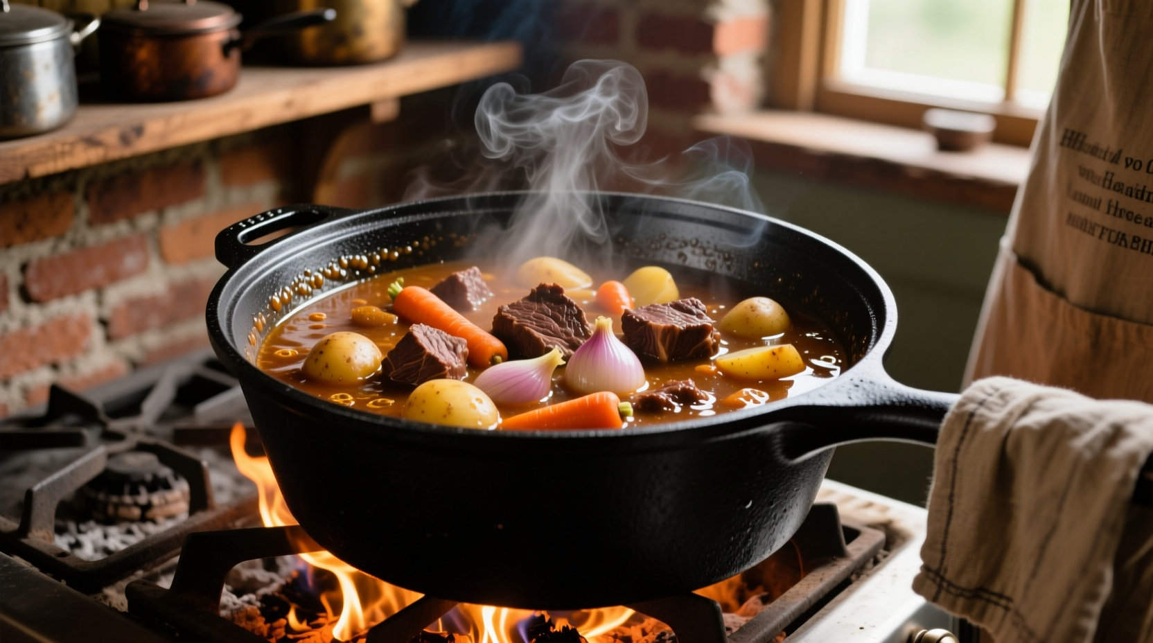 Beef stew simmering in cast iron pot