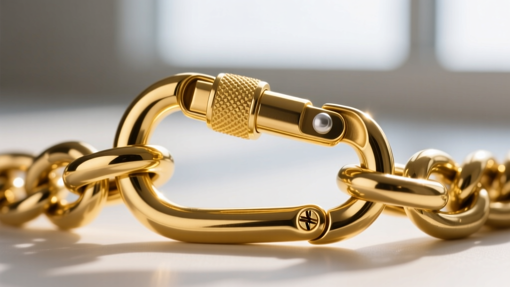 Macro shot of a 14k gold carabiner clasp on a heavy Cuban chain, showing the intricate screw-lock gate and polished metal finish.