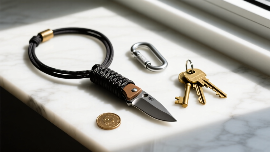 Flat lay of an everyday carry setup featuring a paracord hidden knife necklace beside a titanium carabiner, keys, and brass coin.