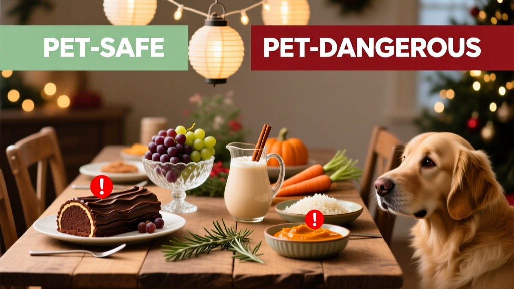 A festive holiday spread with clearly labeled ‘pet-safe’ and ‘pet-dangerous’ zones, highlighting chocolate, grapes, and eggnog as off-limits