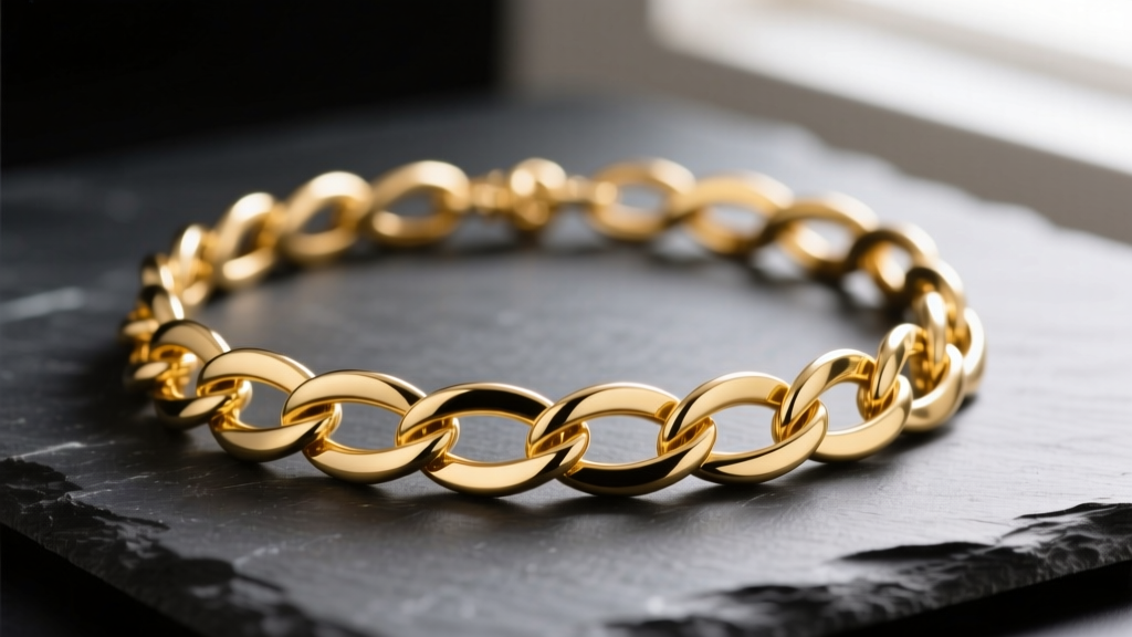 Macro photograph of a 14k yellow gold Lola necklace chain, highlighting 180-degree twisted oval links resting on dark slate.