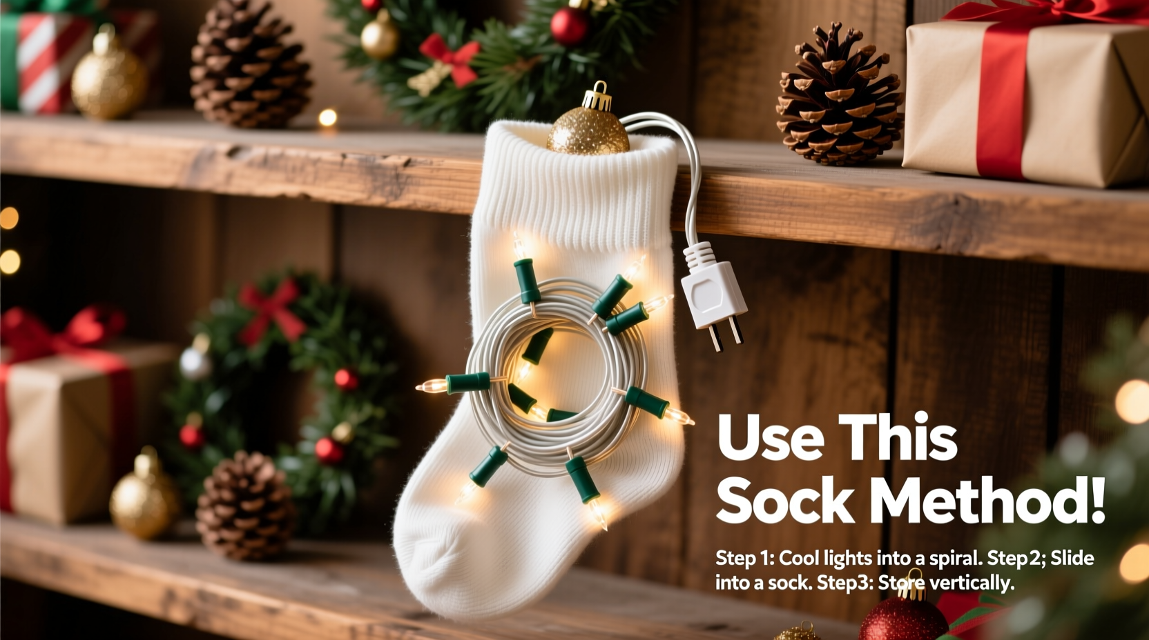 how to prevent tangled christmas lights using the sock storage method